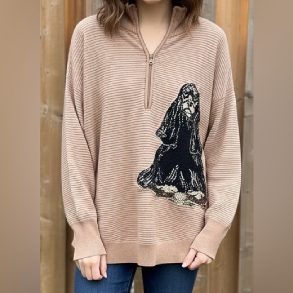 AERIE Tapestry Dog Patch Quarter-Zip Top - Size Large